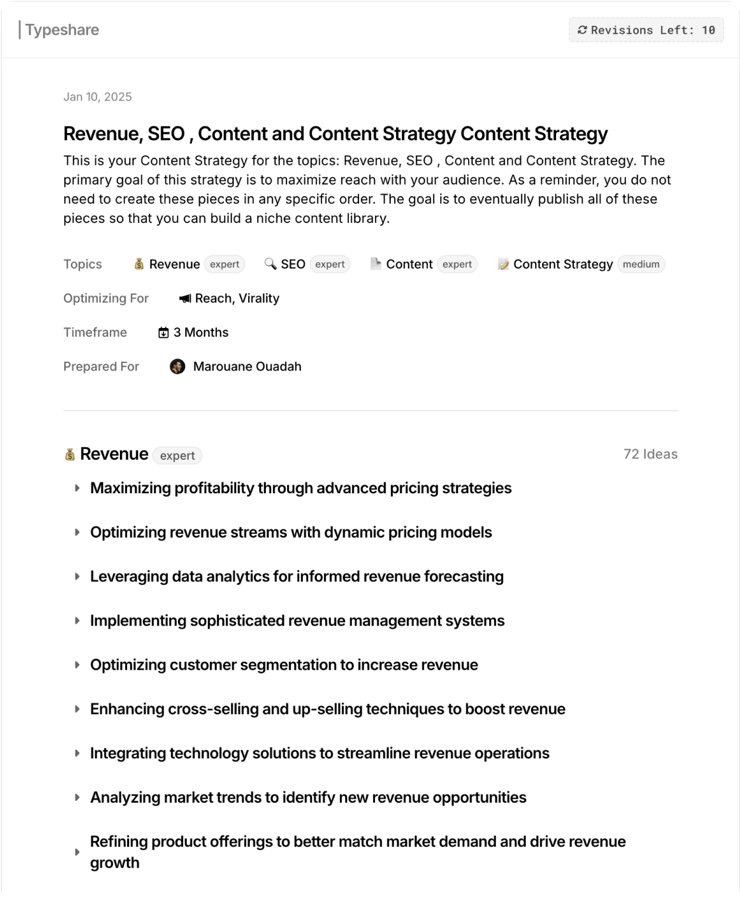 A generated content strategy listing topics, timeframe and ideas
